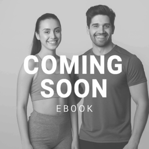 Coming Soon ebook cover with a fit man and woman in gym clothes smiling, fitness and wellness program placeholder
