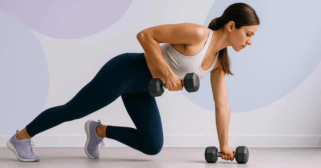 Woman performing a dumbbell renegade row in a plank position on a pastel backdrop