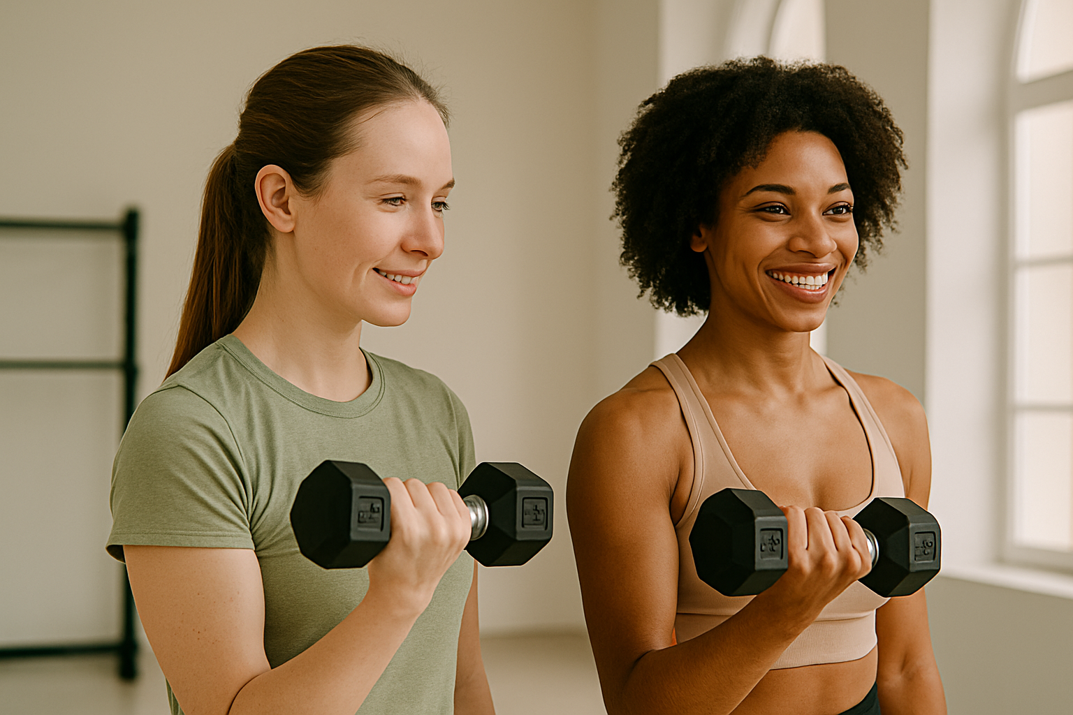 Two smiling women lifting dumbbells together in a bright gym with natural light.